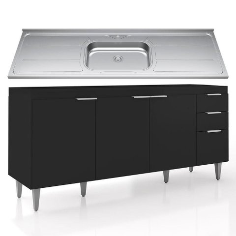 Balcão de Cozinha com Pia Inox 180cm Pérola Z34 Preto Mpozenato