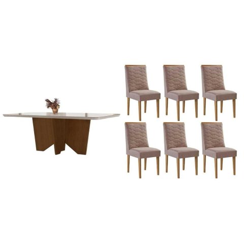 Conjunto Sala de Jantar Nevada C/ Tampo Madeirado C/ Vidro Canto Curvo 180x90cm e 6 Cadeiras