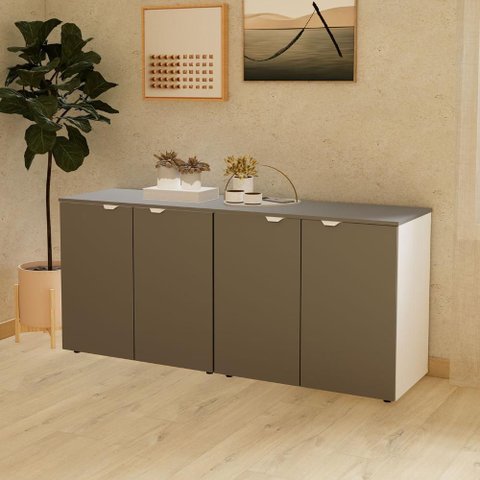 Armário Baixo Escritório 4 Portas C/ Chave 160 Cm F5 Office Cor:cinza Sagrado com Branco