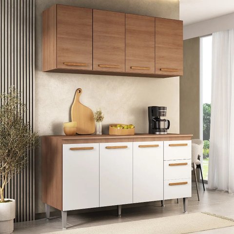 Balcão Cozinha Joia 1.50m Luxo + Aereo Madeirado/Branco Mesclado