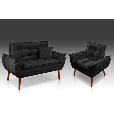 Kit 01 Poltrona + 01 Namoradeira Opala + 02 Almofadas Suede Preto -rv Decora
