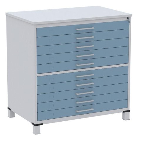 Mapoteca 10 Gavetas Pandin 120cm (larg) Inmetro Tampo Mdp Cinza Estrutura Aço Cinza Gaveta Azul