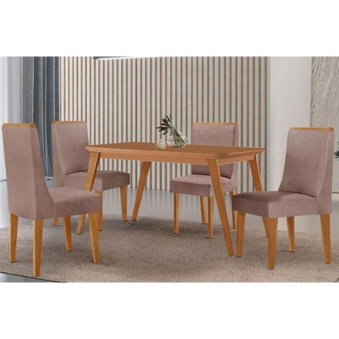 Conjunto: Mesa de Cozinha Havana Tampo Curvo 120cm+4 Cadeiras Dakota Madeira Naturale - Capuccino/