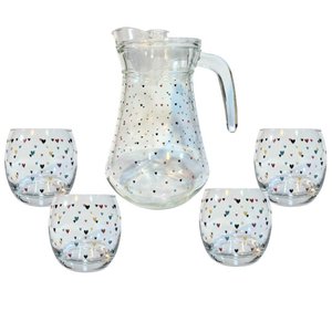 Jogo Jarra com Tampa 1,6 L + 4 Copos Redondos 345ml Água Suco Drinks - Mini Coração