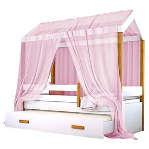Cama Montessori Cabana Com Auxiliar Solteiro E Dossel Rosa