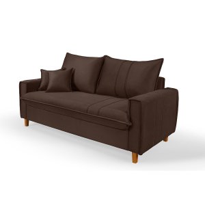 Sofa Living com Bau Multiuso 3 Lugares Suede Pes em Madeira: Marrom