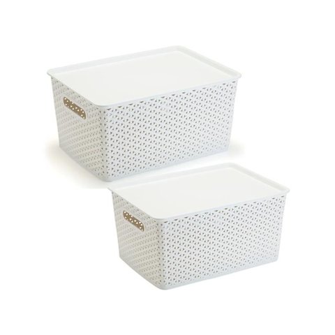 2 Caixas Organizadoras Branco com Tampa Grande 15 Lts Rattan
