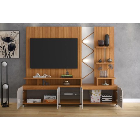 Home Cross Frisado Painel P/ Tvs até 55'' C/ 4 Portas e Prateleiras P/ Decoração - Jequitiba/off