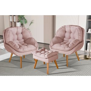 Conjunto Poltrona Sênior Linho + Puff Pés Madeira Luxuosa:linho Rose