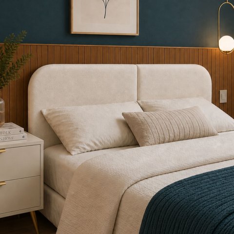 Cabeceira Clean 1.60m para Cama Queen Design Orgânico Dobrável Estofado Bouclê Off White - Lh Móveis