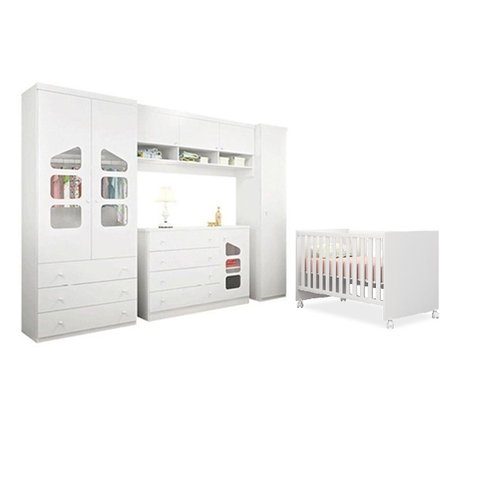 Jogo de Quarto Modulado Infantil Algodão Doce Roupeiro Cômoda 100% MDF e Berço Mini Cama - Bela Móve