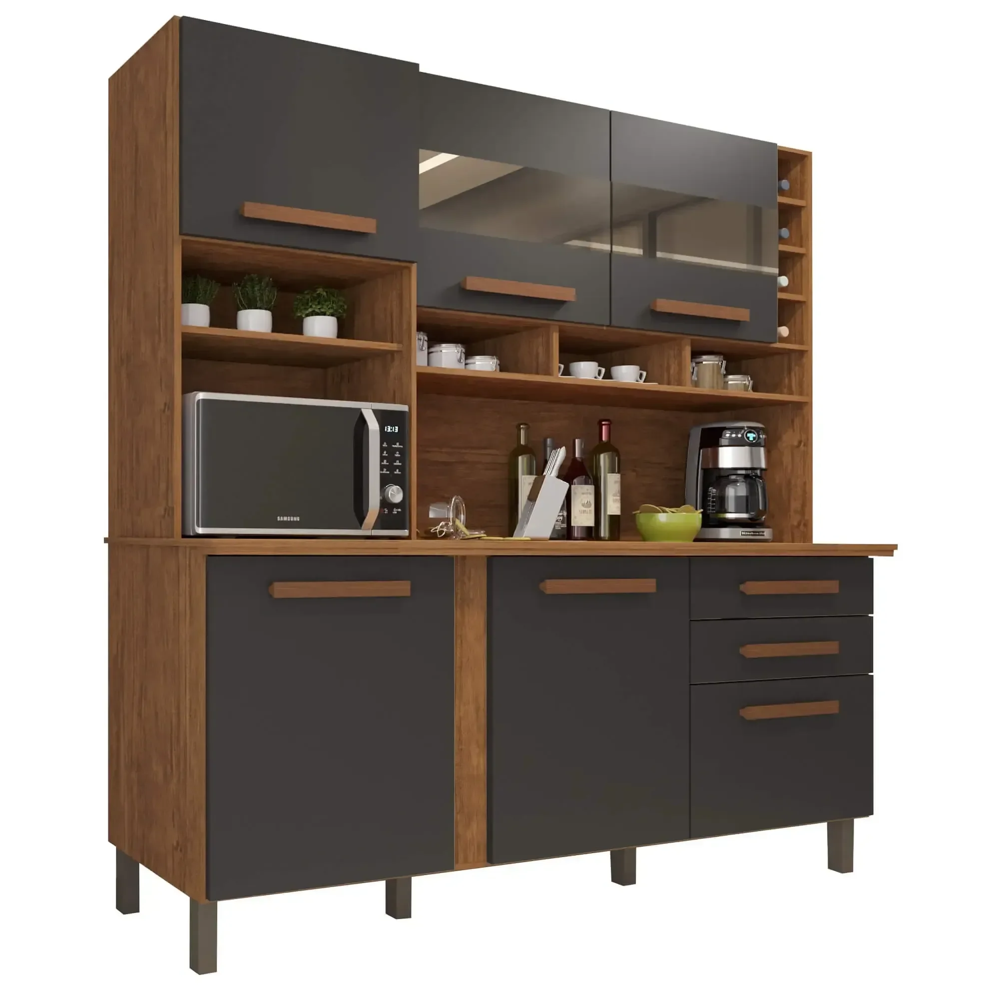 Ver imagem 1 de Armário de Cozinha Alexia 6 Portas 2 Gavetas Imop Cor Cinamomo Grafite