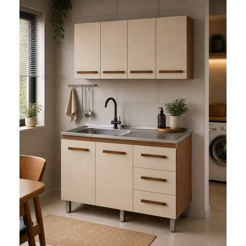 Kit de Cozinha com Aéreo 120m Mara e Balcão para Pia 120m Bianca sem Tampo - Savana/off White Móblis