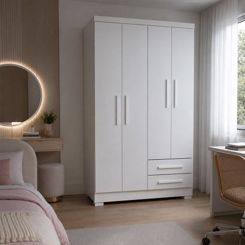Guarda Roupa Multiuso Alto Solteiro Infantil Bebê 4 Portas 2 Gavetas Paris MDF MDP Premium Branco
