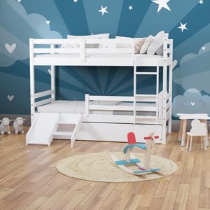 Treliche Solteiro Infantil Dreams e Mini Escada/escorregador Madeira Maciça Branco Megamobilia
