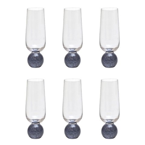 Kit 06 Taças Champanhe de Vidro Base Esfera Azul 260ml 17cm 17161-Pl