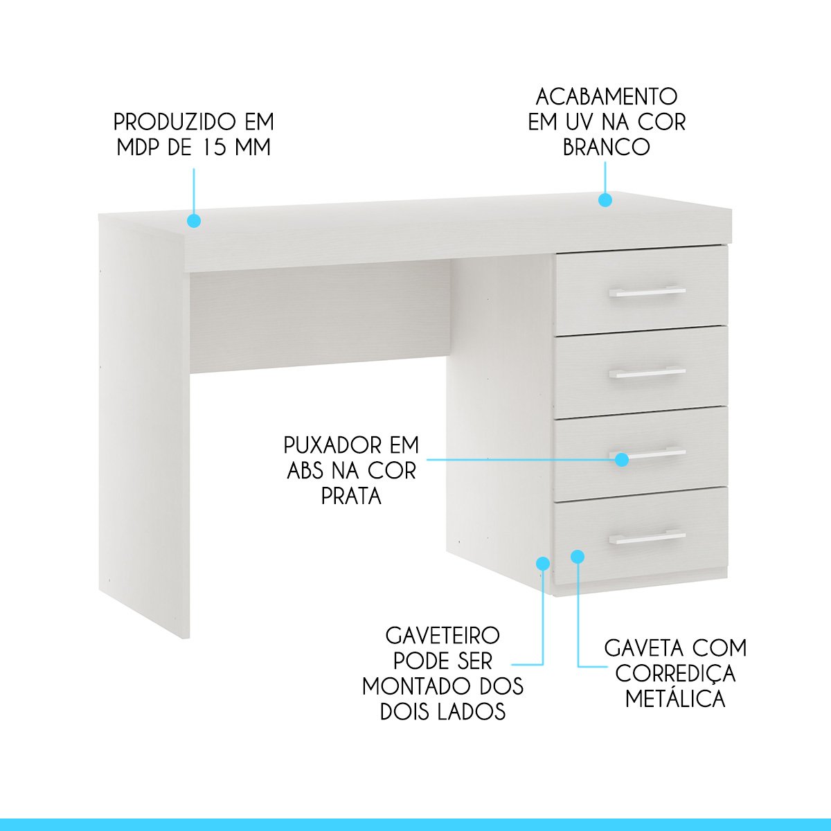 Mesa de Escritório Escrivaninha com 4 Gavetas 120x75cm Mdp Branco 0711 Menu - 3