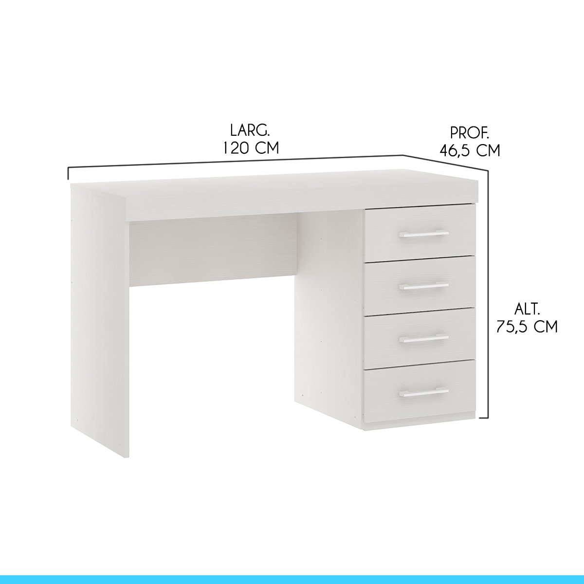 Mesa de Escritório Escrivaninha com 4 Gavetas 120x75cm Mdp Branco 0711 Menu - 4