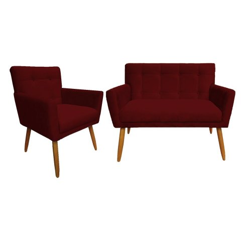 Kit Namoradeira + 1 Poltrona Decorativa Onix Suede Marsala Pés Madeira Mz Decor