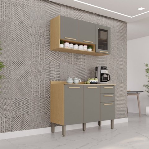Cozinha Compacta Modulada 2 Peças 6 Portas 2 Gavetas Bella Cinza/Jequitibá/Granizo