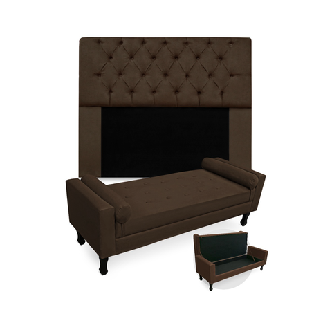 Conjunto Cabeceira Mirage com Recamier Baú Fenix Queen 160 cm Suede Marrom