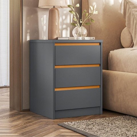 Mesa Cabeceira 3 Gavetas Puxador Cava 45 cm 100% MDF Cor:Cinza com Peroba