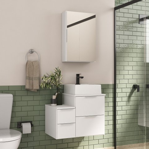 Conjunto Gabinete Banheiro Nivus 60cm (armário + Cuba + Espelheira) Branco Inteiro