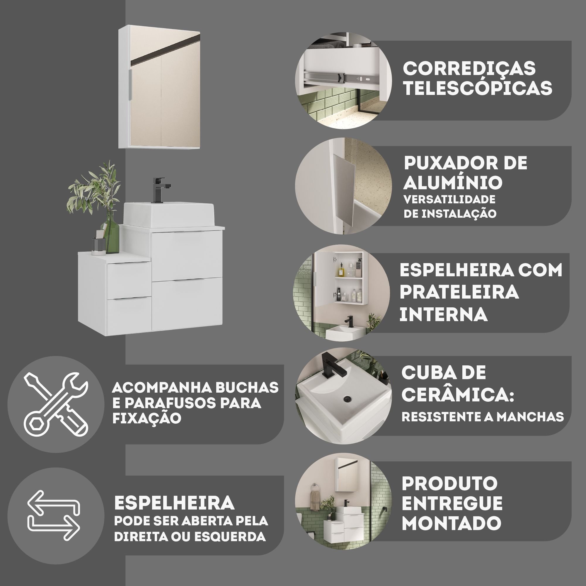 Conjunto Gabinete Banheiro Nivus 60cm (armário + Cuba + Espelheira) Branco Inteiro - 6