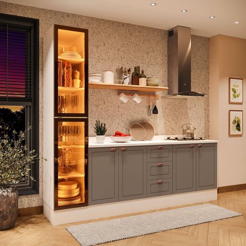 Cozinha 3 Peças com Rodapé e Tampo com Cristaleira com LED Pérola Yescasa