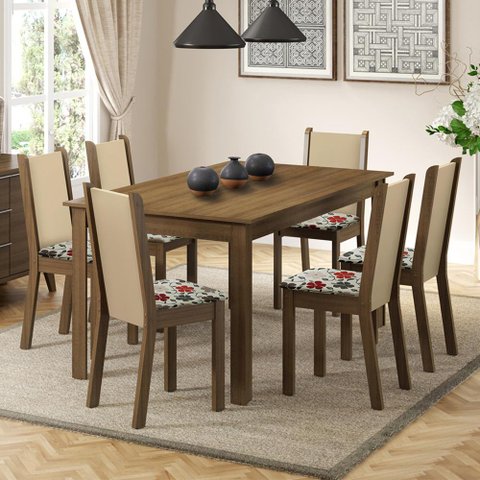 Conjunto Sala de Jantar Madesa Miriam Mesa Tampo de Madeira com 6 Cadeiras - Rustic/crema/hibiscos