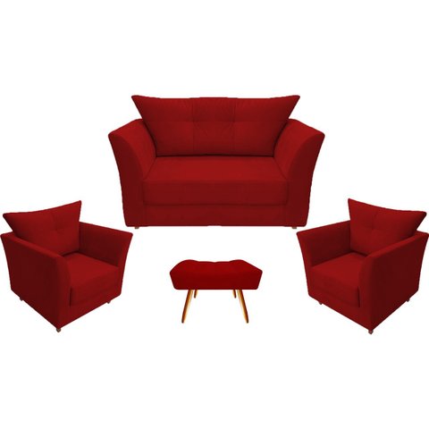 Kit Namoradeira + 2 Poltronas Decorativa Isis + 1 Puff Retangular Suede Vermelho Pés Madeira Mz Deco