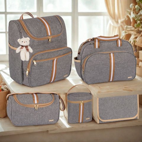 Kit Bolsa Maternidade 5 Peças com Mochila 2 em 1 e Porta Mamadeira Térmico Amor:bege