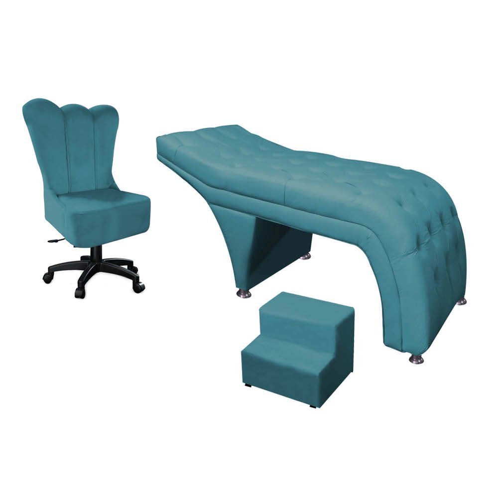 Kit Maca Estética Brunet com Cadeira Mocho Giratória e Escadinha Suede Azul Turques