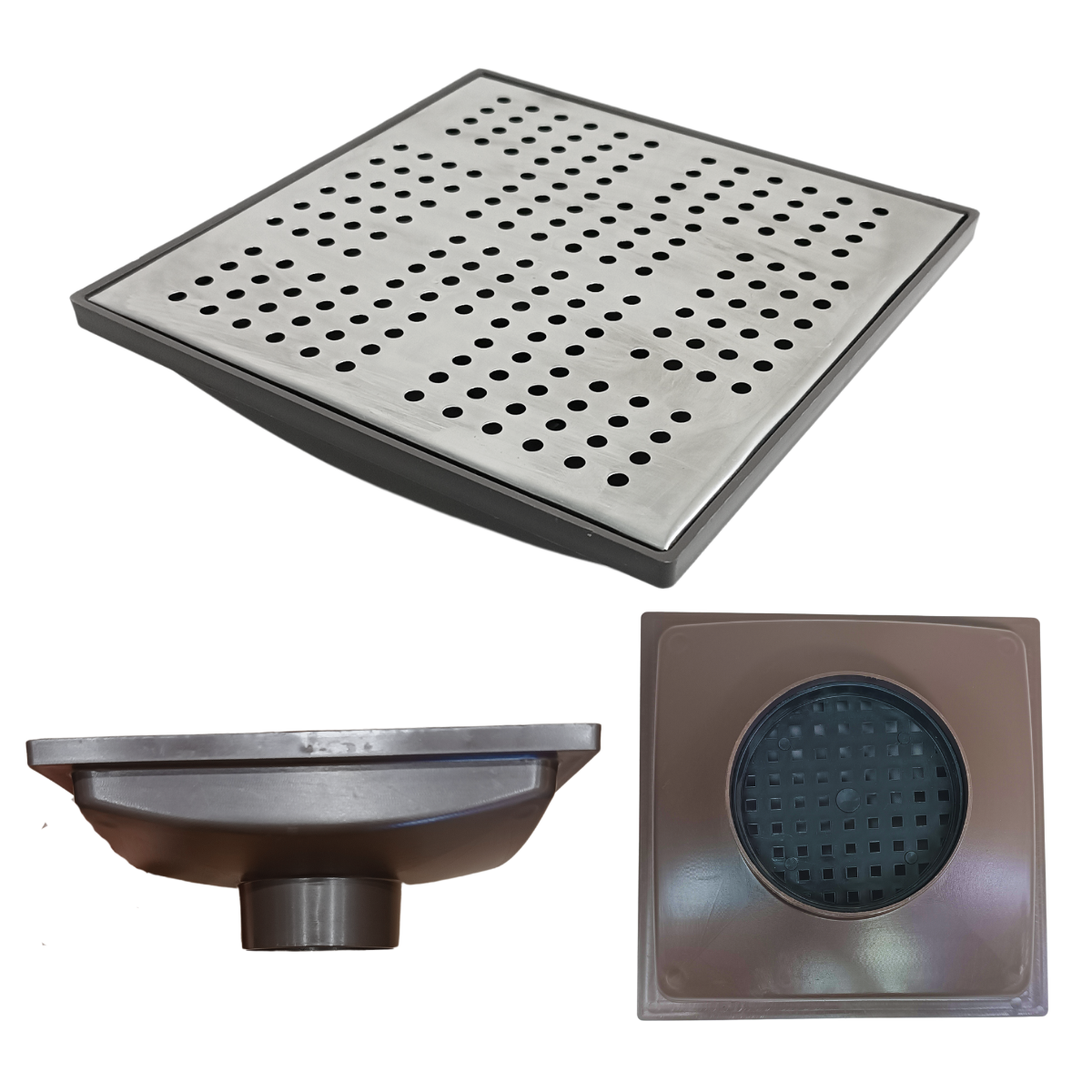 Ralo Quintal 20x20 Inox Espelhado Coletor Marrom Saída 100mm - 1