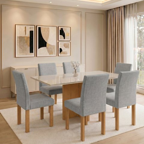 Conjunto de Mesa de Jantar 6 Lugares 160x80cm com Cadeiras Carol Cinamomo e Cinza