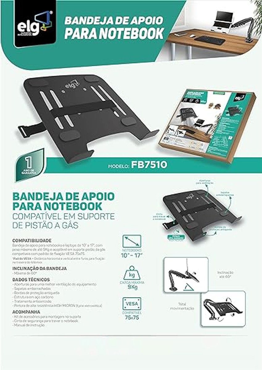 Bandeja Preta de Apoio para Notebook de 10" a 17" Elg - Fb7510 - 6