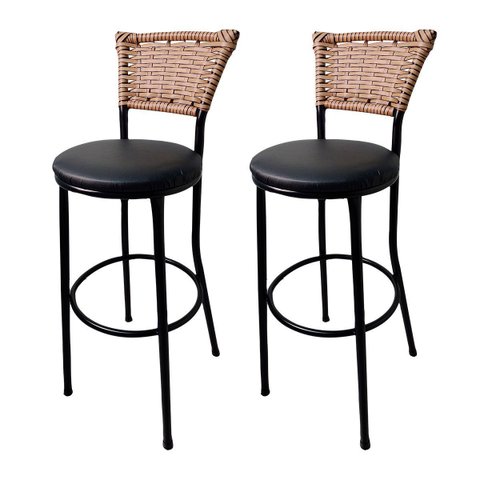 Kit 2 Banquetas Bistrô Aço Junco Sintético Marfim Assento Preto