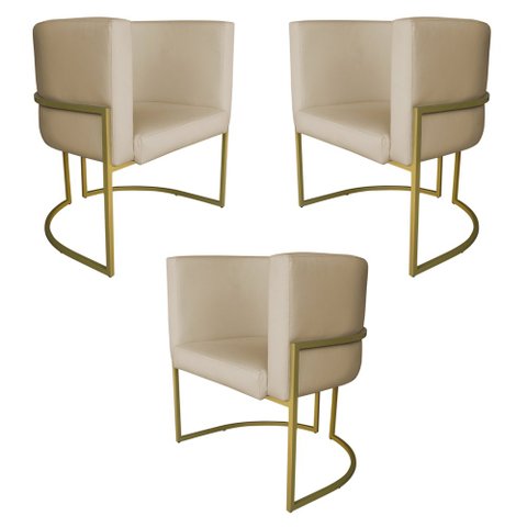 Kit 3 Poltronas Decorativa Luana Base Gold Pu Bege - Montanaris Decor Md Montanaris Decor