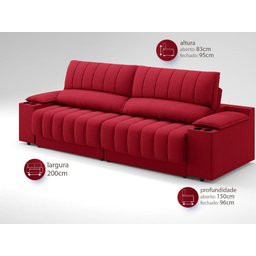 Sofá com Porta Copos e Carregador USB Retrátil e Reclinável Murano 2,00m Velosuede Vermelho - - 3