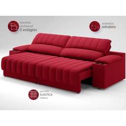 Sofá com Porta Copos e Carregador USB Retrátil e Reclinável Murano 2,00m Velosuede Vermelho - - 5