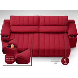 Sofá com Porta Copos e Carregador USB Retrátil e Reclinável Murano 2,00m Velosuede Vermelho - - 2