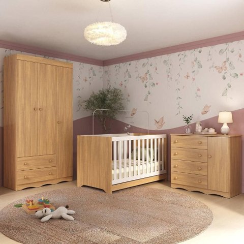 Quarto de Bebê Completo com Berço Americano 3 em 1 Realeza Multimóveis Mp4591 Madeirado