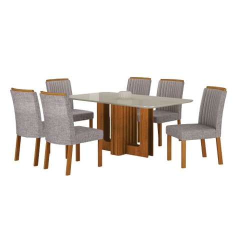 Conjunto Sala de Jantar Sofia 1,60m Tampo Vidro Off com 6 Cadeiras Jade Cinamomo/Linho Cinza