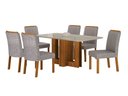 Ver imagem 1 de Conjunto Sala de Jantar Sofia 1,60m Tampo Vidro Off com 6 Cadeiras Jade Cinamomo/Linho Cinza