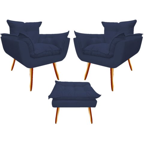 Kit 2 Poltronas + Puff Decorativo Opala Suede Azul Marinho Pés Madeira Mz Decor