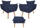 Ver imagem 1 de Kit 2 Poltronas + Puff Decorativo Opala Suede Azul Marinho Pés Madeira Mz Decor