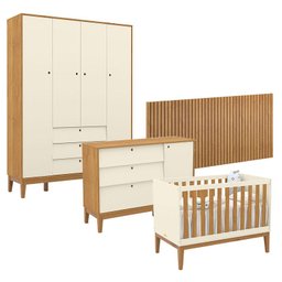 Quarto de Bebê Unique 4 Portas com Cômoda Sapateira e Painel Ripado Off White Freijó Eco Wood - Mati - 1