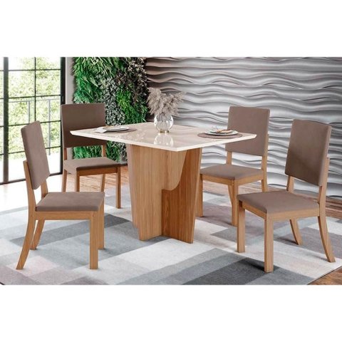 Conjunto: Mesa Sala Jantar Vértice C/ Tampo Reto Madeirado C/ Vidro 120x80cm e 4 Cadeiras Milla