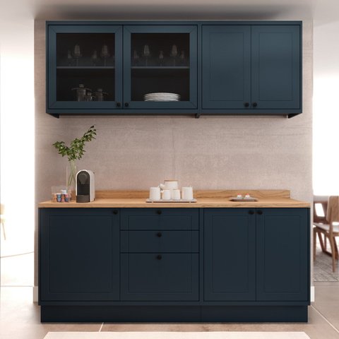 Cozinha Compacta Modulada 7 Portas 3 Gavetas 100% MDF 2 Tampos Sevilha Azul/Órion