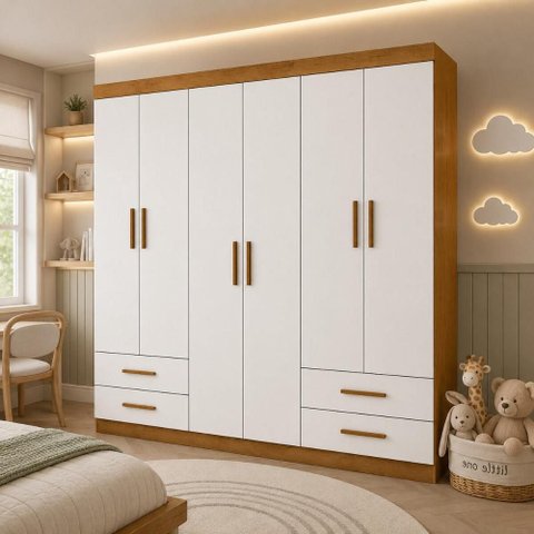 Guarda-Roupa Infantil com 6 Portas e 4 Gavetas 177cm Multimóveis CR35560 Madeirado/Branco